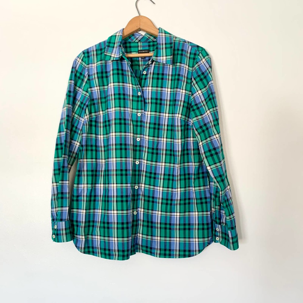 Talbots Green Plaid Cotton Button Up Top Medium